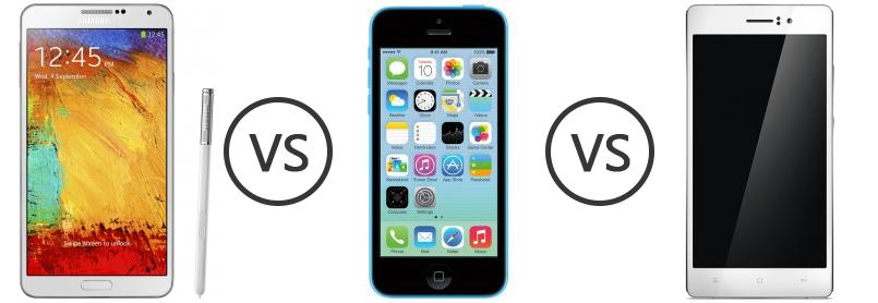 Samsung Galaxy Note 3 Vs Apple Iphone 5c Vs Oppo R5 Phone Comparison